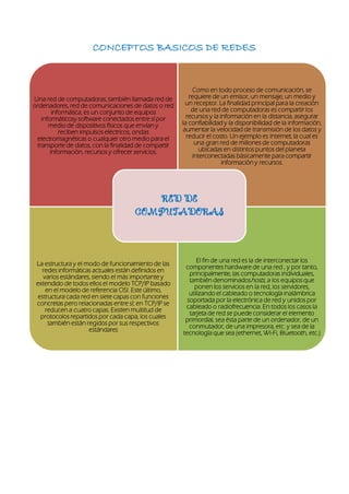 CONCEPTOS BASICOS DE REDES
Una red de computadoras, también llamada red de
ordenadores, red de comunicaciones de datos o red
informática, es un conjunto de equipos
informáticosy software conectados entre sí por
medio de dispositivos físicos que envían y
reciben impulsos eléctricos, ondas
electromagnéticas o cualquier otro medio para el
transporte de datos, con la finalidad de compartir
información, recursos y ofrecer servicios.
Como en todo proceso de comunicación, se
requiere de un emisor, un mensaje, un medio y
un receptor. La finalidad principal para la creación
de una red de computadoras es compartir los
recursos y la información en la distancia, asegurar
la confiabilidad y la disponibilidad de la información,
aumentar la velocidad de transmisión de los datos y
reducir el costo. Un ejemplo es Internet, la cual es
una gran red de millones de computadoras
ubicadas en distintos puntos del planeta
interconectadas básicamente para compartir
información y recursos.
La estructura y el modo de funcionamiento de las
redes informáticas actuales están definidos en
varios estándares, siendo el más importante y
extendido de todos ellos el modelo TCP/IP basado
en el modelo de referencia OSI. Este último,
estructura cada red en siete capas con funciones
concretas pero relacionadas entre sí; en TCP/IP se
reducen a cuatro capas. Existen multitud de
protocolos repartidos por cada capa, los cuales
también están regidos por sus respectivos
estándares
El fin de una red es la de interconectar los
componentes hardware de una red , y por tanto,
principalmente, las computadoras individuales,
también denominadoshosts, a los equipos que
ponen los servicios en la red, los servidores,
utilizando el cableado o tecnología inalámbrica
soportada por la electrónica de red y unidos por
cableado o radiofrecuencia. En todos los casos la
tarjeta de red se puede considerar el elemento
primordial, sea ésta parte de un ordenador, de un
conmutador, de una impresora, etc. y sea de la
tecnología que sea (ethernet, Wi-Fi, Bluetooth, etc.)
RED DE
COMPUTADORAS
 