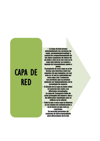 • La Capa de Red provee
principalmente los servicios de
envío, enrutamiento(routing) y
control de congestionamiento de
los datos (paquetes de datos) de
un nodo a otro en la red, esta es la
capa más inferior en cuanto a
manejo de transmisiones punto a
punto.
El propósito de esta capa es el de
formar una interfase entre los
usuarios de una máquina y la red,
esto es, la red es controlada por
esta capa y las 2 primeras.
Los servicios que se proveen
deberán ser independientes de la
tecnologia de soporte.
• El diseño de la capa no debe evitar
el conectar dos redes con
diferentes tecnologias.
La capa de Transporte debe de
estar protegida del número, tipo y
las diferentes topologias que se
utilizen en la subred.
• Todo lo que a esta capa le interesa
es un camino de comunicación y
no la forma en que este se
construye.
Se necesita presentar un
esquema de direccionamiento
para direcciones de la red.
CAPA DE
RED
 