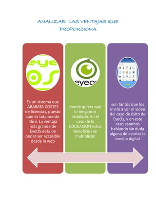 ANALIZAR LAS VENTAJAS QUE
PROPORCIONA
Es un sistema que
ABARATA COSTES
de licencias, puesto
que es totalmente
libre. La ventaja
más grande de
EyeOS es la de
poder ser accesible
desde la web
donde quiera que
lo tengamos
instalado. En el
caso de la
EDUCACIÓN estos
beneficios se
multiplican
son tantos que los
invito a ver el video
del caso de éxito de
EyeOs, y en este
caso estamos
hablando sin duda
alguna de acortar la
brecha digital
 