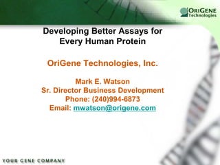 Developing Better Assays for
   Every Human Protein

 OriGene Technologies, Inc.

          Mark E. Watson
Sr. Director Business Development
       Phone: (240)994-6873
  Email: mwatson@origene.com
 