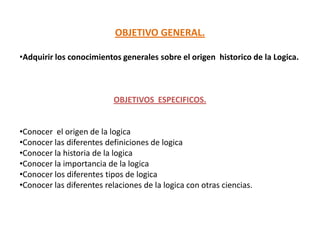 OBJETIVO GENERAL.

•Adquirir los conocimientos generales sobre el origen historico de la Logica.



                           OBJETIVOS ESPECIFICOS.


•Conocer el origen de la logica
•Conocer las diferentes definiciones de logica
•Conocer la historia de la logica
•Conocer la importancia de la logica
•Conocer los diferentes tipos de logica
•Conocer las diferentes relaciones de la logica con otras ciencias.
 