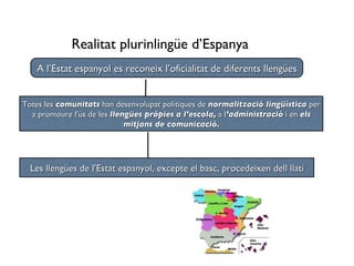 Realitat plurinlingüe d’Espanya A l’Estat espanyol es reconeix l’oficialitat de diferents llengües Totes les  comunitats  han desenvolupat polítiques de  normalització lingüística  per a promoure l’ús de les  llengües pròpies   a l’escola,  a l ’administració  i en  els mitjans de comunicació. Les llengües de l’Estat espanyol, excepte el basc, procedeixen dell llatí 