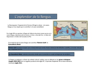 La Reconquesta i l’expansió de la Corona d’Aragó va donar  a la nostra llengua un nou impuls que va contribuir a la seua consolidació En el segle XIII van aparéixer al Regne de València els primers textos escrits en la nostra llengua, relacionats amb el comerç i el dret: a més dels Furs,  el Llibre del Repartiment i el Llibre del Consolata de Mar. A la maduresa de la nostra llengua van contribuir  Ramon Llull  i la  Cancelleria Reial La llengua va esdevenir un factor de cohesió cultural i política, que es reflecteix en les  grans cròniques (segles XIII-XIV ) i en la magnífica producció del segle XV , el període d’esplendor de la nostra literatura, anomenat  segle d’or. L’esplendor de la llengua. Ramon Llull   va emprar la nostra  per a tractar temes que només s’havien redactat en llatí (filosòfics i científics...), la va fer  més apta per a l’expressió literària. La Cancelleria Reia l, redactava documents oficials, que es convertien en model de llengua per als escriptors. 