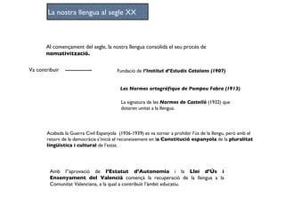 Al començament del segle, la nostra llengua consolidà el seu procés de  nomativització. Va contribuir Fundació de  l’Institut d’Estudis Catalans (1907) Les Normes ortogràfique de Pompeu Fabra (1913) La signatura de les  Normes de Castelló  (1932) que dotaren unitat a la llengua. Acabada la Guerra Civil Espanyola  (1936-1939) es va tornar a prohibir l’ús de la llengu, però amb el retorn de la democràcia s’inicià el reconeixement en l a Constitució espanyola  de la  pluralitat lingüística i cultural  de l’estat. Amb l’’aprovació de  l’Estatut d’Autonomia  i la  Llei d’Ús i Ensenyament del Valencià  començà la recuperació de la llengua a la Comunitat Valenciana, a la qual a contribuït l’àmbit educatiu. La nostra llengua al segle XX 