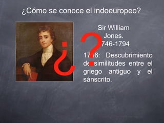 ¿Cómo se conoce el indoeuropeo?

¿?

Sir William
Jones.
1746-1794

1786: Descubrimiento
de similitudes entre el
griego antiguo y el
sánscrito.

 
