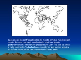 Cada uno de los centros culturales del mundo primitivo fue de origen camita. En cada parte del mundo donde Jafet ha migrado posteriormente ha ido siempre precedido por Cam —lo cual se aplica a cada continente. Todas las líneas migratorias que pueden seguirse todavía en la actualidad irradian desde el Oriente Medio. 