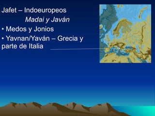 Jafet – Indoeuropeos Madai y Javán Medos y Jonios Yavnan/Yaván – Grecia y parte de Italia 