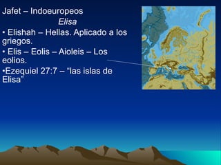 Jafet – Indoeuropeos Elisa Elishah – Hellas. Aplicado a los griegos. Elis – Eolis – Aioleis – Los eolios. Ezequiel 27:7 – “las islas de Elisa” 