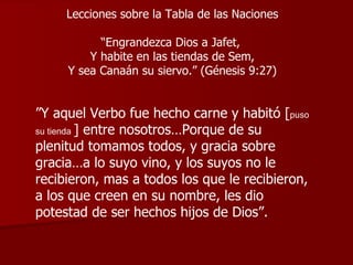 Lecciones sobre la Tabla de las Naciones “ Engrandezca Dios a Jafet,  Y habite en las tiendas de Sem, Y sea Canaán su siervo.” (Génesis 9:27) ” Y aquel Verbo fue hecho carne y habitó  [ puso su tienda  ]  entre nosotros…Porque de su plenitud tomamos todos, y gracia sobre gracia…a lo suyo vino, y los suyos no le recibieron, mas a todos los que le recibieron, a los que creen en su nombre, les dio potestad de ser hechos hijos de Dios”. 