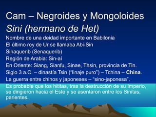 Cam – Negroides y Mongoloides
Sini (hermano de Het)
Nombre de una deidad importante en Babilonia
El último rey de Ur se llamaba Abi-Sin
Sinaquerib (Senaquerib)
Región de Arabia: Sin-aí
En Oriente: Siang, Sianfu, Sinae, Thsin, provincia de Tin.
Siglo 3 a.C. – dinastía Tsin (“linaje puro”) – Tchina – China.
La guerra entre chinos y japoneses – “sino-japonesa”.
Es probable que los hititas, tras la destrucción de su Imperio,
se dirigieron hacia el Este y se asentaron entre los Sinitas,
parientes.
 