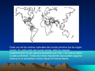 Cada uno de los centros culturales del mundo primitivo fue de origen
camita. En cada parte del mundo donde Jafet ha migrado
posteriormente ha ido siempre precedido por Cam —lo cual se aplica
a cada continente. Todas las líneas migratorias que pueden seguirse
todavía en la actualidad irradian desde el Oriente Medio.
 