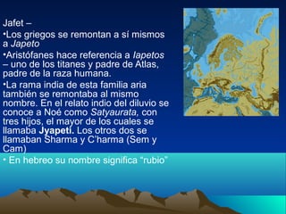 Jafet –
•Los griegos se remontan a sí mismos
a Japeto
•Aristófanes hace referencia a Iapetos
– uno de los titanes y padre de Atlas,
padre de la raza humana.
•La rama india de esta familia aria
también se remontaba al mismo
nombre. En el relato indio del diluvio se
conoce a Noé como Satyaurata, con
tres hijos, el mayor de los cuales se
llamaba Jyapeti. Los otros dos se
llamaban Sharma y C’harma (Sem y
Cam)
• En hebreo su nombre significa “rubio”
 