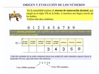 ORIGEN Y EVOLUCIÓN DE LOS NÚMEROS
En la actualidad usamos el sistema de numeración decimal, que
surgió en el siglo VII en ...