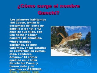 ¿Cómo surge el nombre Qanchi?   Los primeros habitantes  del Cusco, tenían la costumbre del corte de cabello a los 10, o 12 años de sus hijos, con una fiesta y ponían nombres de animales.  “ Hubo grandes capitanes, de puro valientes, en las batallas se convertían en pumas, atoq, cóndores, Amaru…” El primer apellido en la tribu Qanchi fue Puma, y fueron siete y en quechua es QANCHIS. (Fredy. Caballero, Visión histórica de Canchis) 