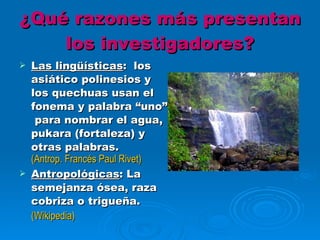 ¿Qué razones más presentan los investigadores? Las lingüísticas :  los asiático polinesios y los quechuas usan el fonema y palabra “uno”  para nombrar el agua, pukara (fortaleza) y otras palabras.  (Antrop. Francés Paul Rivet) Antropológicas : La semejanza ósea, raza cobriza o trigueña. (Wikipedia) 