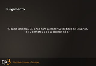 Surgimento “ O rádio demorou 38 anos para alcançar 50 milhões de usuários,  a TV demorou 13 e a internet só 5.” 