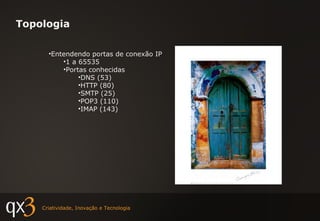 Topologia Entendendo portas de conexão IP 1 a 65535 Portas conhecidas DNS (53) HTTP (80) SMTP (25) POP3 (110) IMAP (143) 