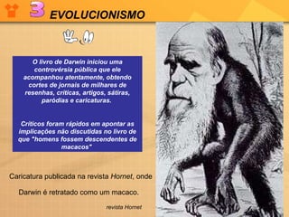Caricatura publicada na revista  Hornet , onde Darwin é retratado como um macaco.   O livro de Darwin iniciou uma controvérsia pública que ele acompanhou atentamente, obtendo cortes de jornais de milhares de resenhas, críticas, artigos, sátiras, paródias e caricaturas.  Críticos foram rápidos em apontar as implicações não discutidas no livro de que "homens fossem descendentes de macacos"  EVOLUCIONISMO revista Hornet 