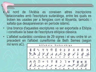  Al nord de l'Aràbia es coneixen altres inscripcions relacionades amb l'escriptura sudaràbiga, entre les quals es troben les usades per a llengües com el libyanita, tamúdic i safaita que desapareixeran en període islàmic. Una branca d'aquestes escriptures va ser exportada a Etiòpia i constitueix la base de l'escriptura etiòpica clàssica. L'alfabet sudaràbic constava de 29 signes i el seu ordre té un precedent en l'alfabet cuneïforme de Beth Semes (segon mil·lenni aC). 