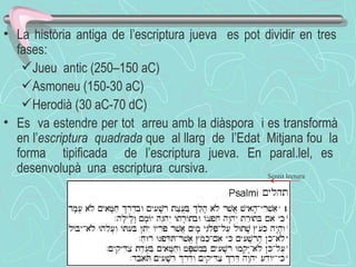 La història antiga de l’escriptura jueva  es pot dividir en tres  fases: Jueu  antic (250–150 aC) Asmoneu (150-30 aC) Herodià (30 aC-70 dC) Es  va estendre per tot  arreu amb la diàspora  i es transformà  en l’ escriptura  quadrada  que  al llarg  de  l’Edat  Mitjana fou  la  forma  tipificada  de l’escriptura jueva. En paral.lel, es  desenvolupà  una  escriptura  cursiva. Sentit lectura 