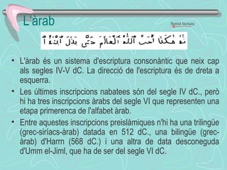 L’àrab Sentit lectura L'àrab és un sistema d'escriptura consonàntic que neix cap als segles IV-V dC. La direcció de l'escriptura és de dreta a esquerra. Les últimes inscripcions nabatees són del segle IV dC., però hi ha tres inscripcions àrabs del segle VI que representen una etapa primerenca de l'alfabet àrab. Entre aquestes inscripcions preislàmiques n'hi ha una trilingüe (grec-siríacs-àrab) datada en 512 dC., una bilingüe (grec-àrab) d'Harrn (568 dC.) i una altra de data desconeguda d'Umm el-Jiml, que ha de ser del segle VI dC .  