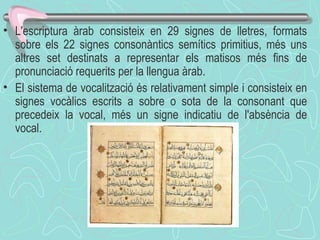 L'escriptura àrab consisteix en 29 signes de lletres, formats sobre els 22 signes consonàntics semítics primitius, més uns altres set destinats a representar els matisos més fins de pronunciació requerits per la llengua àrab.  El sistema de vocalització és relativament simple i consisteix en signes vocàlics escrits a sobre o sota de la consonant que precedeix la vocal, més un signe indicatiu de l'absència de vocal.  