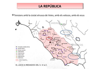 LA REPÚBLICALA REPÚBLICA
Tensions amb la ciutat etrusca de Veies, amb els volscos, amb els ecus
 