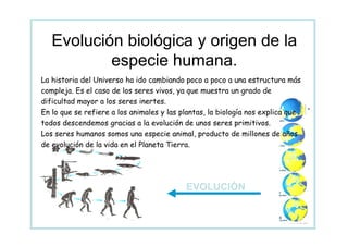 Evolución biológica y origen de la
           especie humana.
La historia del Universo ha ido cambiando poco a poco a una estructura más
compleja. Es el caso de los seres vivos, ya que muestra un grado de
dificultad mayor a los seres inertes.
En lo que se refiere a los animales y las plantas, la biología nos explica que
todos descendemos gracias a la evolución de unos seres primitivos.
Los seres humanos somos una especie animal, producto de millones de años
de evolución de la vida en el Planeta Tierra.




                                           EVOLUCIÓN
 
