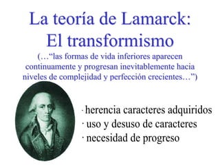 La teoría de Lamarck:
El transformismo
(…“las formas de vida inferiores aparecen
continuamente y progresan inevitablemente hacia
niveles de complejidad y perfección crecientes…”)
 