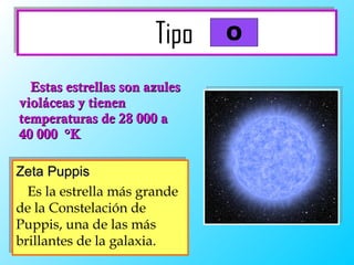 Tipo   Estas estrellas son azules violáceas y tienen temperaturas de 28 000 a 40 000  °K Zeta Puppis Es la estrella más grande de la Constelación de Puppis,  una de las más brillantes de la galaxia.     O 