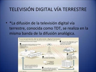 TELEVISIÓN DIGITAL VÍA TERRESTRE
• *La difusión de la televisión digital vía
terrestre, conocida como TDT, se realiza en la
misma banda de la difusión analógica.
 