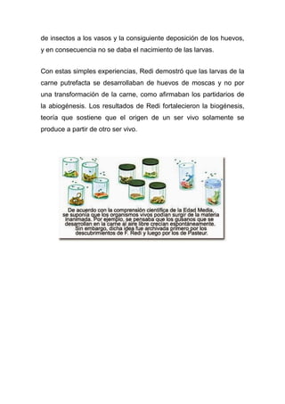 de insectos a los vasos y la consiguiente deposición de los huevos,
y en consecuencia no se daba el nacimiento de las larvas.
Con estas simples experiencias, Redi demostró que las larvas de la
carne putrefacta se desarrollaban de huevos de moscas y no por
una transformación de la carne, como afirmaban los partidarios de
la abiogénesis. Los resultados de Redi fortalecieron la biogénesis,
teoría que sostiene que el origen de un ser vivo solamente se
produce a partir de otro ser vivo.

 