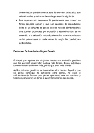 determinadas genéticamente, que tienen valor adaptativo son
seleccionadas y se transmiten a la generación siguiente.
Las especies son conjuntos de poblaciones que poseen un
fondo genético común y que son capaces de reproducirse
entre sí. El conjunto de genes, con las nuevas combinaciones
que pueden producirse por mutación o recombinación, se ve
sometido a la selección natural y determina las características
de las poblaciones en cada momento, según las condiciones
ambientales.

Evolución De Las Jirafas Según Darwin

Él creyó que algunas de las jirafas tenían una mutación genética
que les permitió desarrollar cuellos más largos. Estos individuos
fueron capaces de comer más, por lo que eran más fuertes.
Así los patrones genéticos se transmitían a los demás. Aquellos que
no podía conseguir lo suficiente para comer, no eran lo
suficientemente fuertes para poder aparearse con las hembras y
finalmente murieron sin tener a quien transmitirles sus genes.

 