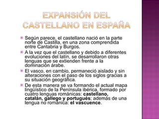 Según parece, el castellano nació en la parte norte de Castilla, en una zona comprendida entre Cantabria y Burgos. A la vez que el castellano y debido a diferentes evoluciones del latín, se desarrollaron otras lenguas que se extienden frente a la dominación árabe. El vasco, en cambio, permaneció aislado y sin alteraciones con el paso de los siglos gracias a su situación geográfica. De esta manera se va formando el actual mapa lingüístico de la Península ibérica, formado por cuatro lenguas románicas:  castellano, catalán, gallego y portugués ; además de una lengua no románica:  el vascuence . 