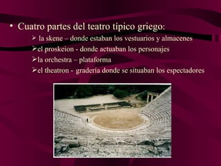 Cuatro partes del teatro típico griego : la skene – donde estaban los vestuarios y almacenes el proskeion - donde actuaban los personajes la orchestra – plataforma  el theatron -  gradería donde se situaban los espectadores 