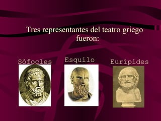 Tres representantes del teatro griego fueron: Sófocles Esquilo Eurípides 