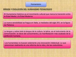 Humanismo

ORIGEN Y EVOLUCIÓN DEL HUMANISMO PEDAGÓGICO

El Humanismo histórico es el movimiento cultural que marca la transición entre
la Edad Media y la Edad Moderna


La nueva sensibilidad se fragua en Italia, a mediados del siglo XIV, en la figura
de Petrarca


La lengua y sobre todo la lengua de la cultura, la latina, es el instrumento de la
comunicación, la clave del conocimiento y la manifestación más acabada de la
perfección humana.


 Los humanistas no buscan solamente una renovación intelectual. Lo que
 preconizan realmente es una reforma de la vida y de las costumbres.
 