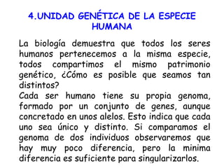 4.UNIDAD GENÉTICA DE LA ESPECIE HUMANA La biología demuestra que todos los seres humanos pertenecemos a la misma especie, todos compartimos el mismo patrimonio genético, ¿Cómo es posible que seamos tan distintos? Cada ser humano tiene su propia genoma, formado por un conjunto de genes, aunque concretado en unos alelos. Esto indica que cada uno sea único y distinto. Si comparamos el genoma de dos individuos observaremos que hay muy poco diferencia, pero la minima diferencia es suficiente para singularizarlos. 