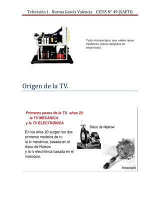 Televisión I Norma García Valencia CETIS N° 49 (SAETI)

Tubo inconoscopio, que usaba rayos
Catódicos (haces delgados de
electrones)

Origen de la TV.

 