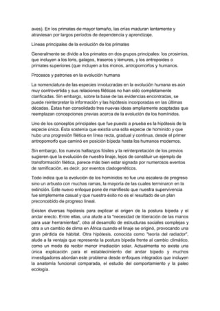 aves). En los primates de mayor tamaño, las crías maduran lentamente y
atraviesan por largos períodos de dependencia y aprendizaje.

Líneas principales de la evolución de los primates

Generalmente se divide a los primates en dos grupos principales: los prosimios,
que incluyen a los loris, galagos, traseros y lémures, y los antropoides o
primates superiores (que incluyen a los monos, antropomorfos y humanos.

Procesos y patrones en la evolución humana

La nomenclatura de las especies involucradas en la evolución humana es aún
muy controvertida y sus relaciones filéticas no han sido completamente
clarificadas. Sin embargo, sobre la base de las evidencias encontradas, se
puede reinterpretar la información y las hipótesis incorporadas en las últimas
décadas. Éstas han consolidado tres nuevas ideas ampliamente aceptadas que
reemplazan concepciones previas acerca de la evolución de los homínidos.

Uno de los conceptos principales que fue puesto a prueba es la hipótesis de la
especie única. Ésta sostenía que existía una sóla especie de homínido y que
hubo una progresión filética en línea recta, gradual y continua, desde el primer
antropomorfo que caminó en posición bípeda hasta los humanos modernos.

Sin embargo, los nuevos hallazgos fósiles y la reinterpretación de los previos
sugieren que la evolución de nuestro linaje, lejos de constituir un ejemplo de
transformación filética, parece más bien estar signada por numerosos eventos
de ramificación, es decir, por eventos cladogenéticos.

Todo indica que la evolución de los homínidos no fue una escalera de progreso
sino un arbusto con muchas ramas, la mayoría de las cuales terminaron en la
extinción. Este nuevo enfoque pone de manifiesto que nuestra supervivencia
fue simplemente casual y que nuestro éxito no es el resultado de un plan
preconcebido de progreso lineal.

Existen diversas hipótesis para explicar el origen de la postura bípeda y el
andar erecto. Entre ellas, una alude a la "necesidad de liberación de las manos
para usar herramientas", otra al desarrollo de estructuras sociales complejas y
otra a un cambio de clima en África cuando el linaje se originó, provocando una
gran pérdida de hábitat. Otra hipótesis, conocida como "teoría del radiador",
alude a la ventaja que representa la postura bípeda frente al cambio climático,
como un modo de recibir menor irradiación solar. Actualmente no existe una
única explicación para el establecimiento del andar bípedo y muchos
investigadores abordan este problema desde enfoques integrados que incluyen
la anatomía funcional comparada, el estudio del comportamiento y la paleo
ecología.
 