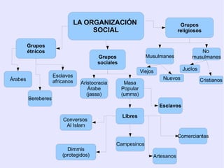 LA ORGANIZACIÓN                                Grupos
                                      SOCIAL                                   religiosos

         Grupos
         étnicos                                                                        No
                                         Grupos                 Musulmanes           musulmanes
                                         sociales
                                                              Viejos              Judíos
                     Esclavos                                           Nuevos
Árabes               africanos                                                             Cristianos
                                  Aristocracia       Masa
                                     Árabe          Popular
                                    (jassa)         (umma)
         Bereberes
                                                                       Esclavos

                                                    Libres
                         Conversos
                          Al Islam

                                                                               Comerciantes
                                                 Campesinos
                           Dimmis
                         (protegidos)                              Artesanos
 