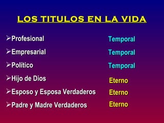 LOS TITULOS EN LA VIDA

Profesional                  Temporal
Empresarial                  Temporal
Político                     Temporal
Hijo de Dios                 Eterno
Esposo y Esposa Verdaderos   Eterno
Padre y Madre Verdaderos     Eterno
 