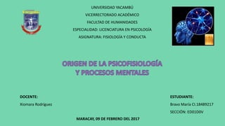UNIVERSIDAD YACAMBÚ
VICERRECTORADO ACADÉMICO
FACULTAD DE HUMANIDADES
ESPECIALIDAD: LICENCIATURA EN PSICOLOGÍA
ASIGNATURA: FISIOLOGÍA Y CONDUCTA
DOCENTE:
Xiomara Rodríguez
ESTUDIANTE:
Bravo María CI.18489217
SECCIÓN: ED01D0V
MARACAY, 09 DE FEBRERO DEL 2017
 