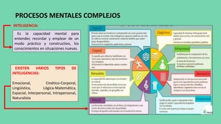 INTELIGENCIA:
PROCESOS MENTALES COMPLEJOS
Es la capacidad mental para
entender, recordar y emplear de un
modo práctico y constructivo, los
conocimientos en situaciones nuevas.
EXISTEN VARIOS TIPOS DE
INTELIGENCIAS:
Emocional, Cinético-Corporal,
Lingüística, Lógica-Matemática,
Espacial, Interpersonal, Intrapersonal,
Naturalista
 