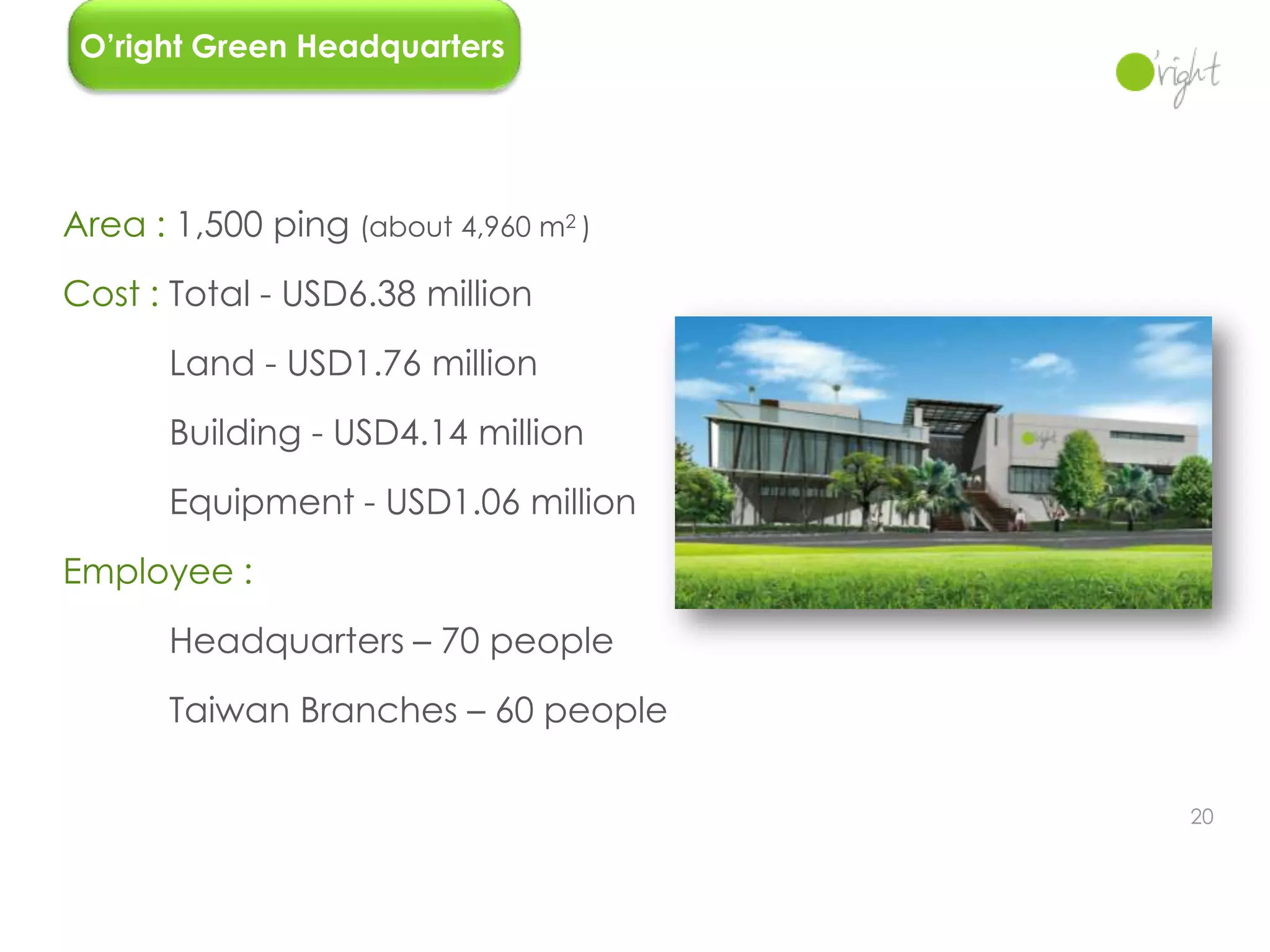 O’right Green Headquarters




Area : 1,500 ping (about 4,960 m2 )
Cost : Total - USD6.38 million
       Land - USD1.76 million
       Building - USD4.14 million
       Equipment - USD1.06 million
Employee :
       Headquarters – 70 people
       Taiwan Branches – 60 people

                                      20
 