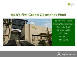 Asia’s First Green Cosmetics Plant
                            Taiwan EEWH Green
                          Building Gold Certificate
                             Cosmetic GMP
                              OHASA 18000
                                ISO    9001
                                ISO 14001
                                ISO 22716
 