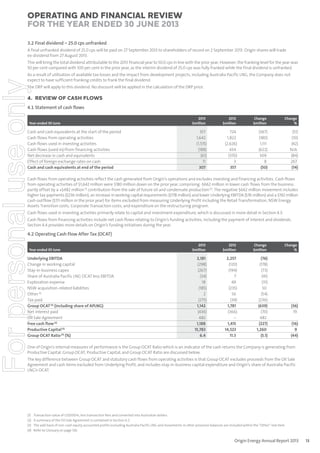 Operating and Financial Review
for the year ended 30 June 2013
3.2 Final dividend – 25.0 cps unfranked
A final unfranked dividend of 25.0 cps will be paid on 27 September 2013 to shareholders of record on 2 September 2013. Origin shares will trade
ex-dividend from 27 August 2013.
This will bring the total dividend attributable to the 2013 financial year to 50.0 cps in line with the prior year. However, the franking level for the year was
50 per cent compared with 100 per cent in the prior year, as the interim dividend of 25.0 cps was fully franked while the final dividend is unfranked.

For personal use only

As a result of utilisation of available tax losses and the impact from development projects, including Australia Pacific LNG, the Company does not
expect to have sufficient franking credits to frank the final dividend.
The DRP will apply to this dividend. No discount will be applied in the calculation of the DRP price.

4. REVIEW OF CASH FLOWS
4.1 Statement of cash ﬂows
Year ended 30 June

Cash and cash equivalents at the start of the period
Cash flows from operating activities
Cash flows used in investing activities
Cash flows (used in)/from financing activities
Net decrease in cash and equivalents
Effect of foreign exchange rates on cash
Cash and cash equivalents at end of the period

2013
$million

2012
$million

Change
$million

Change
%

357
1,642
(1,515)
(188)
(61)
11
307

724
1,822
(2,626)
434
(370)
3
357

(367)
(180)
1,111
(622)
309
8
(50)

(51)
(10)
(42)
N/A
(84)
267
(14)

Cash flows from operating activities reflect the cash generated from Origin’s operations and excludes investing and financing activities. Cash flows
from operating activities of $1,642 million were $180 million down on the prior year, comprising -$662 million in lower cash flows from the business
partly offset by a +$482 million (1) contribution from the sale of future oil and condensate production (2). The negative $662 million movement includes
higher tax payments ($236 million), an increase in working capital requirements ($178 million) and lower Underlying EBITDA ($76 million) and a $192 million
cash outflow ($111 million in the prior year) for items excluded from measuring Underlying Profit including the Retail Transformation, NSW Energy
Assets Transition costs, Corporate Transaction costs, and expenditure on the restructuring program.
Cash flows used in investing activities primarily relate to capital and investment expenditure, which is discussed in more detail in Section 4.3.
Cash flows from financing activities include net cash flows relating to Origin’s funding activities, including the payment of interest and dividends.
Section 4.4 provides more details on Origin’s funding initiatives during the year.

4.2 Operating Cash Flow After Tax (OCAT)
Year ended 30 June

Underlying EBITDA
Change in working capital
Stay-in-business capex
Share of Australia Pacific LNG OCAT less EBITDA
Exploration expense
NSW acquisition-related liabilities
Other (3)
Tax paid
Group OCAT (4) (including share of APLNG)
Net interest paid
Oil Sale Agreement
Free cash flow (4)
Productive Capital (4)
Group OCAT Ratio (4) (%)

2013
$million

2012
$million

Change
$million

2,181
(298)
(267)
(34)
18
(185)
2
(275)
1,142
(436)
482
1,188
15,783
6.4

2,257
(120)
(194)
7
49
(235)
56
(39)
1,781
(366)
–
1,415
14,523
11.5

Change
%

(76)
(178)
(73)
(41)
(31)
50
(54)
(236)
(639)
(70)
482
(227)
1,260
(5.1)

(36)
19
(16)
9
(44)

One of Origin’s internal measures of performance is the Group OCAT Ratio which is an indicator of the cash returns the Company is generating from
Productive Capital. Group OCAT, Productive Capital, and Group OCAT Ratio are discussed below.
The key difference between Group OCAT and statutory cash flows from operating activities is that Group OCAT excludes proceeds from the Oil Sale
Agreement and cash items excluded from Underlying Profit, and includes stay-in-business capital expenditure and Origin’s share of Australia Pacific
LNG’s OCAT.

(1)
(2)
(3)
(4)

Transaction value of US$500m, less transaction fees and converted into Australian dollars.
A summary of the Oil Sale Agreement is contained in Section 6.2.
The add-back of non-cash equity accounted profits excluding Australia Pacific LNG and movements in other provision balances are included within the “Other” line item.
Refer to Glossary on page 126.

Origin Energy Annual Report 2013

13

 