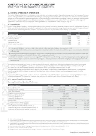 Operating and Financial Review
for the year ended 30 June 2013
6. REVIEW OF SEGMENT OPERATIONS
The Review of Segment Operations is a discussion on the underlying performance of each of Origin’s business segments. The financial performance
metrics and segmental discussion reflect the results of Origin’s underlying business and therefore exclude a number of items to provide a different
perspective of the financial and operating performance of the Origin business, consistent with the manner in which the Managing Director reviews
the financial and operational performance of the business. Further non-IFRS measures, such as Gross Profit (1), are utilised to explain segment
performance. These measures are a component of the Segment Result (1) and are defined in the Glossary on page 126.

For personal use only

6.1 Energy Markets
Origin’s Energy Markets business is an integrated provider of energy solutions to retail and wholesale markets in Australia and the Pacific. As well as
being Australia’s leading electricity, gas and LPG retailer, with 4.3 million customer accounts, Energy Markets operates Australia’s largest and one of
the most flexible and diverse generation portfolios, and continues to increase its product and service offerings to customers.
2013
$million

Total Segment Revenue (1)
Underlying EBITDA
Segment Result
Operating cash flow
Growth capital expenditure

2012
$million

Change
%

12,018
1,333
1,038
812
155

Year ended 30 June

10,250
1,562
1,317
1,141
592

17
(15)
(21)
(29)
(74)

• Underlying EBITDA down 15 per cent or $229 million to $1,333 million as a result of reduced Electricity Gross Profit.
• Origin’s net Electricity and Natural Gas customer position reduced by 16,000 in the year to 30 June 2013 compared to a net reduction of 160,000
in the prior year.
• Origin is now servicing 3.3 million customers on SAP, including Integral Energy NSW customers, with the final migration of Integral Energy and
Country Energy customers scheduled for October 2013, a year ahead of schedule.
• Mortlake Power Station was commissioned in August 2012 and is performing well with high availability and capacity factors during the period.
• Since year end, Origin acquired the assets of Eraring Energy via a share acquisition and entered into an eight year coal supply agreement with
Centennial Coal.

Energy Markets’ Operating Cash Flow for the year was down $329 million or 29 per cent to $812 million compared to the prior year primarily due
to a decrease in Underlying EBITDA. Late bills have reduced from a peak of 180,000 in September 2012 to 24,000 at June 2013, contributing to a
$212 million or 71 per cent increase in Operating Cash Flow in the second half compared to the first half of the year.
Energy Markets growth capital expenditure was reduced by 74 per cent to $155 million due to the completion of the upgrades at Eraring Power
Station during the 2012 financial year, completion of Mortlake Power Station in August 2012 and reduced capital expenditure on the Retail
Transformation.
Segment Result for Energy Markets was down 21 per cent or $279 million to $1,038 million driven by a decrease in Underlying EBITDA and includes
depreciation expense of $287 million (up 21 per cent from prior year) and share of ITDA of equity accounted investees of $8 million.

6.1.2 Segment ﬁnancial performance
Summary Financial and Operational Performance
Year ended 30 June 2013

Revenue ($million) (2,3)
Cost of goods sold ($million)
Gross Profit ($million)
Total operating costs ($million)
Underlying EBITDA ($million)
Underlying EBIT ($million)
Underlying EBIT Margin (%)
Volumes sold (4)
Period-end customer accounts (’000) (5)
Average customer accounts (’000) (5,6)
Gross Profit per customer (average accounts, $)
Underlying EBITDA per customer (average accounts, $)
Underlying EBIT per customer (average accounts, $)

Natural Gas

1,396 (+16%)
(1,128) (+16%)
268 (+15%)

127 PJ (1)(-1%)
1,022 (+6%)
992 (+5%)
270 (+9%)

Electricity

Non-commodity

LPG

8,528 (+13%)
158 (-26%)
(7,008) (+21%)
(109) (-39%)
1,520 (-15%)
49 (+39%)
(692) (+1%)
1,333 (-15%)
1,038 (-21%)
9.6 (June 2012: 13.6%)
42 TWh (1)(-2%)
N/A
2,939 (-2%)
N/A
2,953 (-5%)
N/A
515 (-11%)
N/A
324 (-14%)
256 (-20%)

690 (-2%)
(502) (-5%)
188 (+6%)

437 kT (1) (-13%)
378 (-1%)
378 (+3%)
499 (+3%)
150 (+16%)
74 (+23%)

(1) Refer to Glossary on page 126.
(2) Energy Markets Total Segment Revenue includes pool revenue from the sale of electricity when Origin’s internal generation portfolio, including Eraring and Shoalhaven power
stations, is dispatched. These pool revenues, along with the associated fuel costs, are netted off in Electricity cost of goods sold.
(3) Energy Markets Total Segment Revenue includes revenue from the sale of gas swaps to major customers at no margin. These revenues are netted off with the associated cost in
Natural Gas cost of goods sold.
(4) Does not include internal sales for Origin’s gas-fired generation portfolio (year ended June 2013: 46 PJ; year ended June 2012: 31.2 PJ).
(5) Customer account movement since 30 June 2012.
(6) Average Customer Accounts is calculated as the average of the month-end customer numbers for each month of the year.

Origin Energy Annual Report 2013

17

 