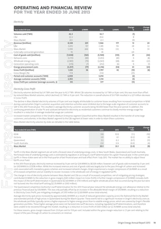 Operating and Financial Review
for the year ended 30 June 2013
Electricity
Year ended 30 June

For personal use only

Volumes sold (TWh)
C&I
Mass Market
Revenue ($million)
C&I
Mass Market
Externally contracted generation
Cost of goods sold ($million):
Network costs
Wholesale energy costs
Generation operating costs
Energy procurement costs
Gross Profit ($million)
Gross Margin (%)
Period-end customer accounts (’000)
Average customer accounts (’000)
Gross Profit per customer (average accounts, $)

2013

42.3
22.2
20.1
8,528
3,053
5,399
76
(7,008)
(3,751)
(2,983)
(274)
(3,257)
1,520
17.8
2,939
2,953
515

$/MWh

201
137
266
(165)
(89)
(70)
(7)
(77)
36

2012

42.7
20.6
22.1
7,566
2,385
5,136
45
(5,769)
(3,453)
(2,063)
(252)
(2,316)
1,797
23.8
3,014
3,114
577

$/MWh

177
116
232
(135)
(81)
(48)
(6)
(54)
42

Change
%

Change
$/MWh

(1)
8
(9)
13
28
5
69
21
9
44
9
41
(15)
(25)
(2)
(5)
(11)

24
22
34
(30)
(8)
(22)
(1)
(23)
(6)

Electricity Gross Proﬁt
Electricity volumes declined by 0.4 TWh over the year to 42.3 TWh. While C&I volumes increased by 1.6 TWh or 8 per cent, this was more than offset
by reduced Mass Market volumes, which declined 2.0 TWh or 9 per cent. The reduction in overall volume of 0.4 TWh resulted in a $27 million decrease
in Gross Profit.
The decline in Mass Market electricity volumes of 9 per cent was largely attributable to customer losses resulting from increased competition in NSW
during a period when Origin’s customer acquisition and retention activities were inhibited due to the large-scale migration of customer accounts to
SAP in the 2012 financial year. This resulted in average Electricity customer accounts being 161,000 lower than the prior period. In addition, the
continuing penetration of solar PV and subdued demand for electricity as residential customers continue to closely monitor energy usage has
resulted in a reduction in average residential usage per customer.
Increased market competition in the Small to Medium Enterprise segment (classified within Mass Market) resulted in the transfer of some large
customers, and volumes, in the Mass Market segment to the C&I segment at lower rates in order to retain these customers.
Mass Market electricity volumes by state are detailed in the table below:

Year ended 30 June (TWh)

NSW
Victoria
Queensland
South Australia
Mass Market

2013

2012

Change
TWh

Change
%

9.8
3.9
5.5
0.9
20.1

10.9
4.1
6.2
0.9
22.1

(1.1)
(0.2)
(0.7)
(0.0)
(2.0)

(10)
(4)
(11)
(4)
(9)

Tariffs in the Mass Market segment are set with a forward view of underlying energy costs. In New South Wales, Queensland and South Australia,
the forward view of underlying energy costs is estimated by regulators in arriving at a tariff determination for a given financial year. In the current year,
tariffs in these states were set in the final quarter of last financial year and took effect from 1 July 2012. The market has no ability to adjust these
tariffs once fixed.

In the 2013 financial year, electricity revenue increased by 13 per cent (or $24/MWh) to $8,528 million, however cost of goods sold increased by 21 per cent
(or $30/MWh) to $7,008 million. While the increased revenue and cost of goods sold was largely due to the pass through of carbon and increased
costs associated with mandatory green schemes and increased network charges, Origin experienced a margin compression of $6/MWh as a result
of increased competition and an inability to recover increases in the wholesale cost of energy in regulated tariffs.
The change in mix of electricity volume between Mass Market and C&I as a result of increased competition, net of mitigating pricing strategies,
contributed $1/MWh to the reduction in gross margins ($40 million impact on Gross Profit). A further margin compression of $5/MWh includes both
the impact of the tariff determination in Queensland ($2.60/MWh or $110 million) and higher wholesale prices that occurred during the year but were
not factored into the initial tariff setting ($2.35/MWh or $100 million).
The Queensland Competition Authority’s tariff determination for the 2013 financial year reduced the wholesale energy cost allowance relative to the
previous financial year by $30/MWh. This was only partially offset by an increase in the allowable Retail margin of $10/MWh, resulting in a reduction
in Electricity Gross Profit, pre-mitigating strategies, of $110 million (or $2.60/MWh across total volume).
Average electricity spot prices increased by approximately $9/MWh as a result of reduced generation capacity across the National Electricity Market
and extended periods of high prices in Queensland during the March Quarter. These events led to a significant increase in Origin’s electricity costs as
the wholesale portfolio typically carries a higher exposure to higher energy prices than to volatile energy prices, which are covered by Origin’s flexible
generation portfolio. These higher average prices were not factored into tariff decisions, including regulated tariff determinations, and therefore
were unable to be recovered through the market, resulting in a reduction in Gross Profit of $100 million (or $2.35/MWh across total volume).
For these reasons, gross margin reduced from 23.8 per cent to 17.8 per cent. Included within the gross margin reduction is 2.5 per cent relating to the
impact of the pass-through of carbon to consumers on revenue.

Origin Energy Annual Report 2013

19

 
