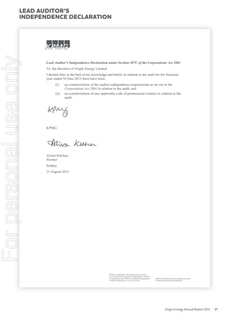 For personal use only

Lead auditor’s
independence declaration

Origin Energy Annual Report 2013

57

 